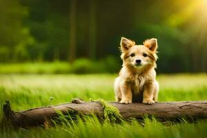 a puppy sits on a log in a field. AI-Generated photo