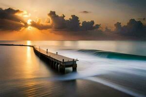 a long exposure photograph of a pier at sunset. AI-Generated photo