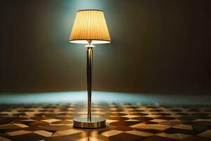 a lamp on a wooden floor with a dim light. AI-Generated photo