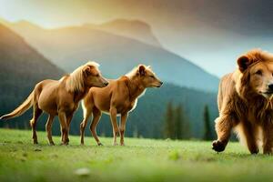 a lion and two horses in a field. AI-Generated photo