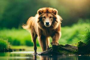 photo wallpaper the grass, water, lion, the sun, the grass, the lion, the. AI-Generated