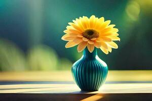 un amarillo flor en un azul florero en un mesa. generado por ai foto