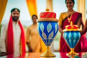 a couple is standing next to a vase with a gold and blue design. AI-Generated photo