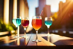 four glasses of different colored drinks on a table. AI-Generated photo