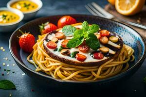 spaghetti with mushrooms and tomatoes in a bowl. AI-Generated photo