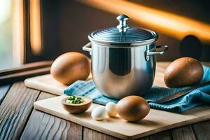 a stainless steel pot with eggs and an egg beater. AI-Generated photo