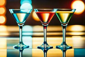 three martini glasses with different colored drinks. AI-Generated photo