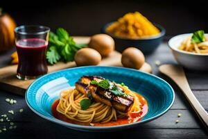 spaghetti with meat and sauce on a wooden table. AI-Generated photo