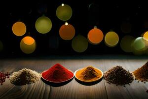 various spices and spices on a wooden table. AI-Generated photo