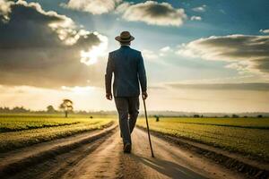 un hombre en un traje y sombrero caminando abajo un suciedad la carretera. generado por ai foto