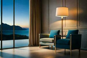 two chairs in front of a large window overlooking the lake. AI-Generated photo