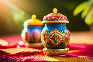 two colorful ceramic vases on a red table. AI-Generated photo