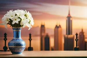 a vase with white flowers on a table in front of a city skyline. AI-Generated photo