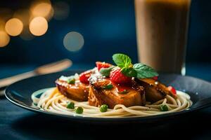 a plate of spaghetti with meat and berries on a dark table. AI-Generated photo