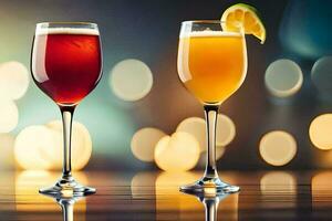 two glasses of different drinks on a table. AI-Generated photo
