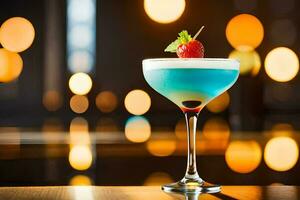 a blue cocktail with a strawberry on top. AI-Generated photo