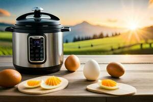 an electric pressure cooker with eggs and an orange. AI-Generated photo