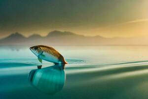 a fish is floating on the water in front of a mountain. AI-Generated photo