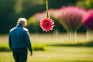 un hombre caminando en un parque con un rosado flor colgando desde un cadena. generado por ai foto