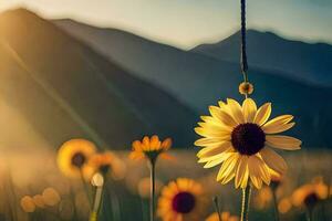 sunflower hanging from a string in front of a field. AI-Generated photo