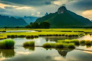 el montañas son reflejado en el agua. generado por ai foto