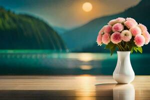 un florero con rosado flores en un mesa en frente de un lago. generado por ai foto