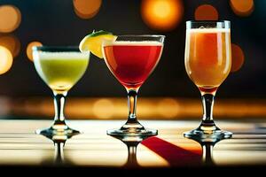 three different cocktails are shown in a row. AI-Generated photo