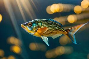 un pescado nadando en el agua con un brillante ligero. generado por ai foto