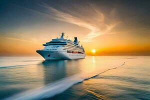 un crucero Embarcacion en el Oceano a puesta de sol. generado por ai foto