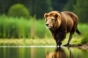 a lion walking across a body of water. AI-Generated photo