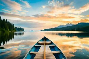 a canoe is floating on a lake at sunset. AI-Generated photo