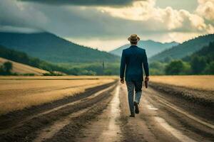 a man in a suit walks down a dirt road. AI-Generated photo