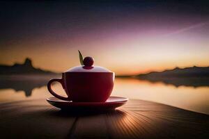 un rojo taza se sienta en un mesa con un lago en el antecedentes. generado por ai foto