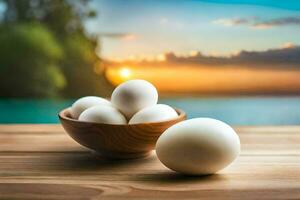 eggs in a bowl on a wooden table. AI-Generated photo