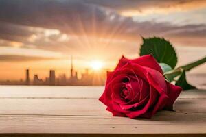 a single red rose sits on a wooden table in front of a city skyline. AI-Generated photo