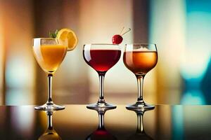 three different types of alcoholic drinks on a table. AI-Generated photo