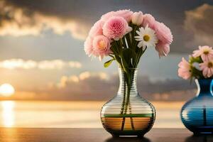 two vases with pink flowers on a table with the sun setting. AI-Generated photo