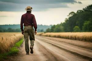 a man walking down a dirt road in the middle of a field. AI-Generated photo