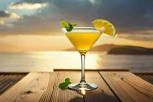 cocktail on a wooden table with sunset in the background. AI-Generated photo