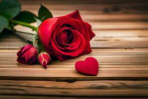 rojo rosas y corazón en un de madera mesa. generado por ai foto