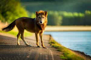 a lion standing on the side of a road near a lake. AI-Generated photo