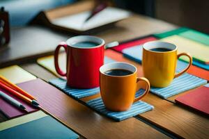 two coffee cups sit on a table with a notebook and pens. AI-Generated photo