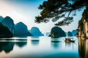 a boat in the water near mountains. AI-Generated photo