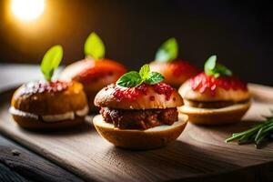 mini burgers on a wooden board with a light. AI-Generated photo