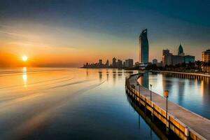 the sun sets over the city skyline in dubai. AI-Generated photo