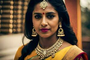 a beautiful indian woman wearing a yellow sari. AI-Generated photo