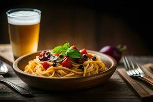 spaghetti with tomato, basil and olive oil on a wooden table. AI-Generated photo