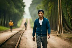 un hombre en un turbante caminando abajo un suciedad la carretera. generado por ai foto