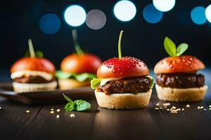 mini burgers on a wooden table. AI-Generated photo