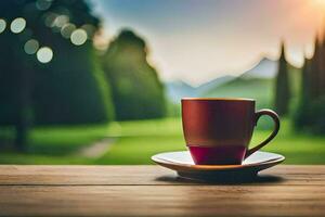 un taza de café en un de madera mesa en el Mañana. generado por ai foto